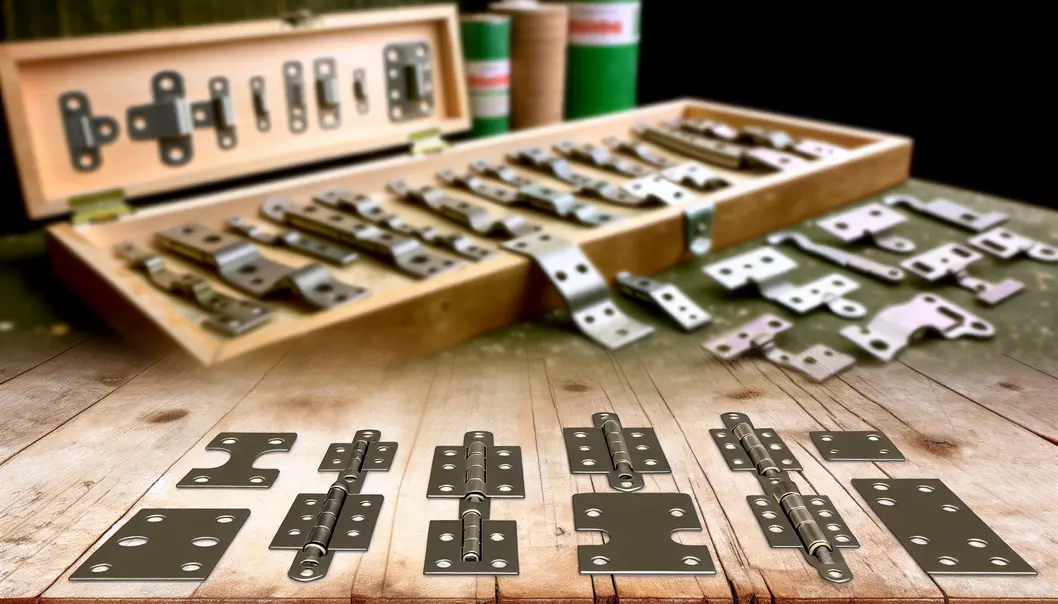 Different types of cabinet hinges displayed on a workbench.