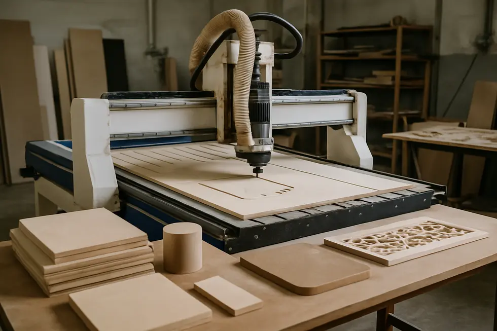 CNC router cutting different materials with projects in progress around it.