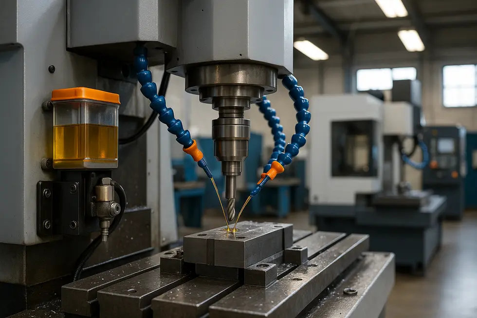 Workshop with CNC machines, showcasing lubrication systems in operation.