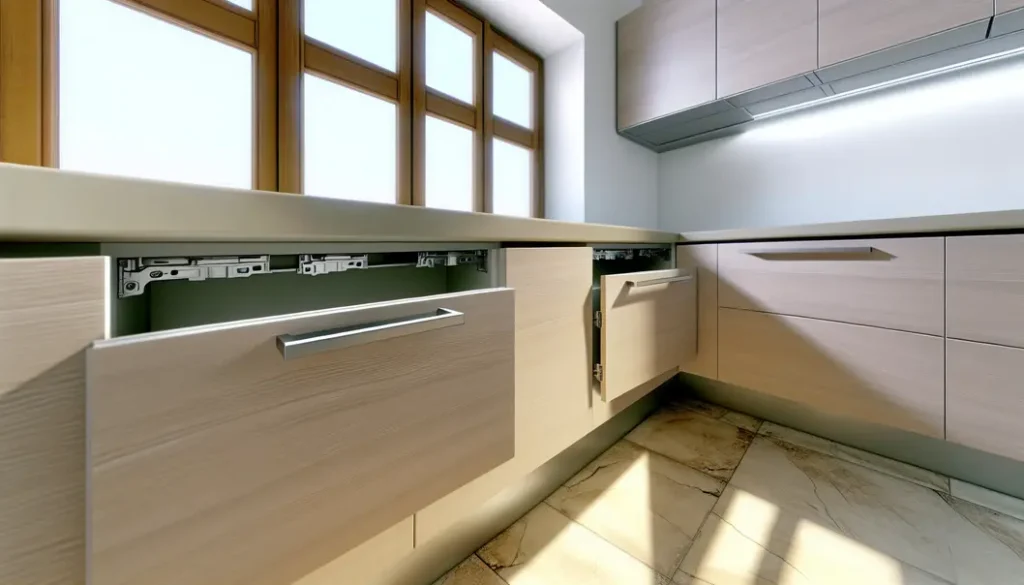 Kitchen with sleek cabinets using concealed European hinges.