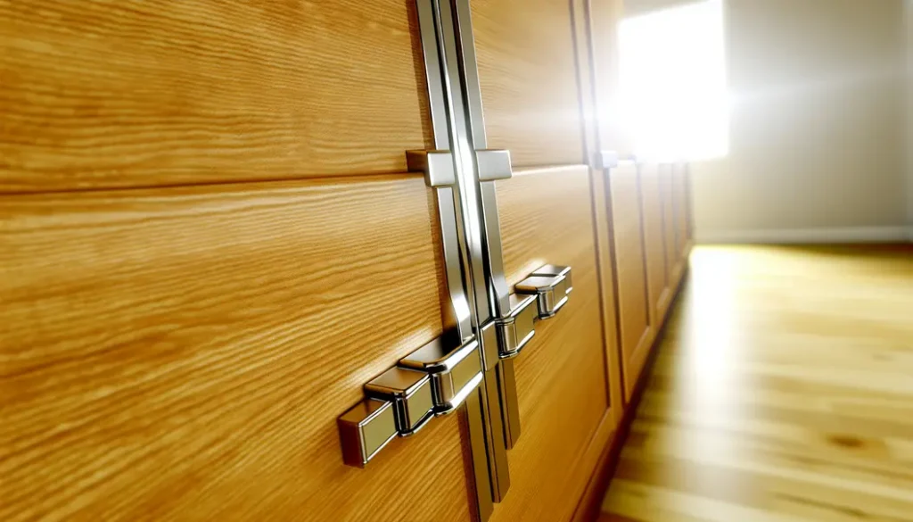 Wooden cabinet doors with modern hinges in bright natural lighting.
