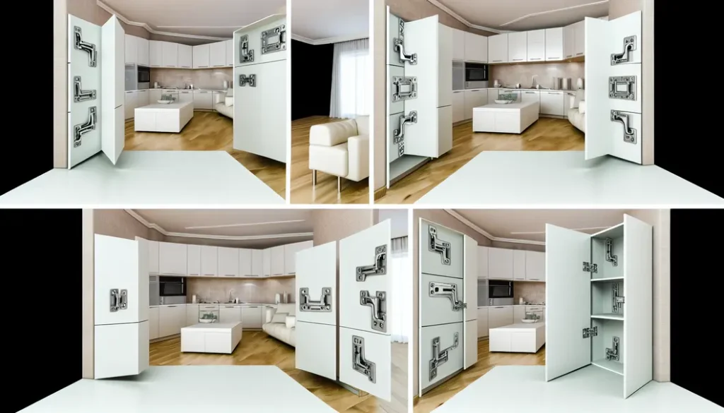 Various home settings showing cabinets with European angled hinges.