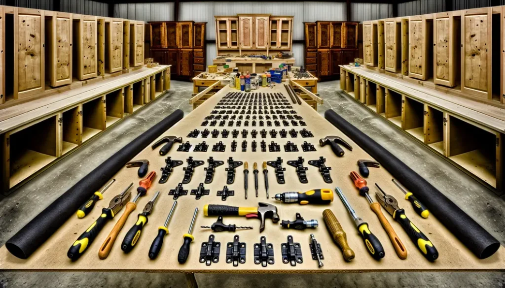 Organized workshop with cabinet hinges and assembly tools.